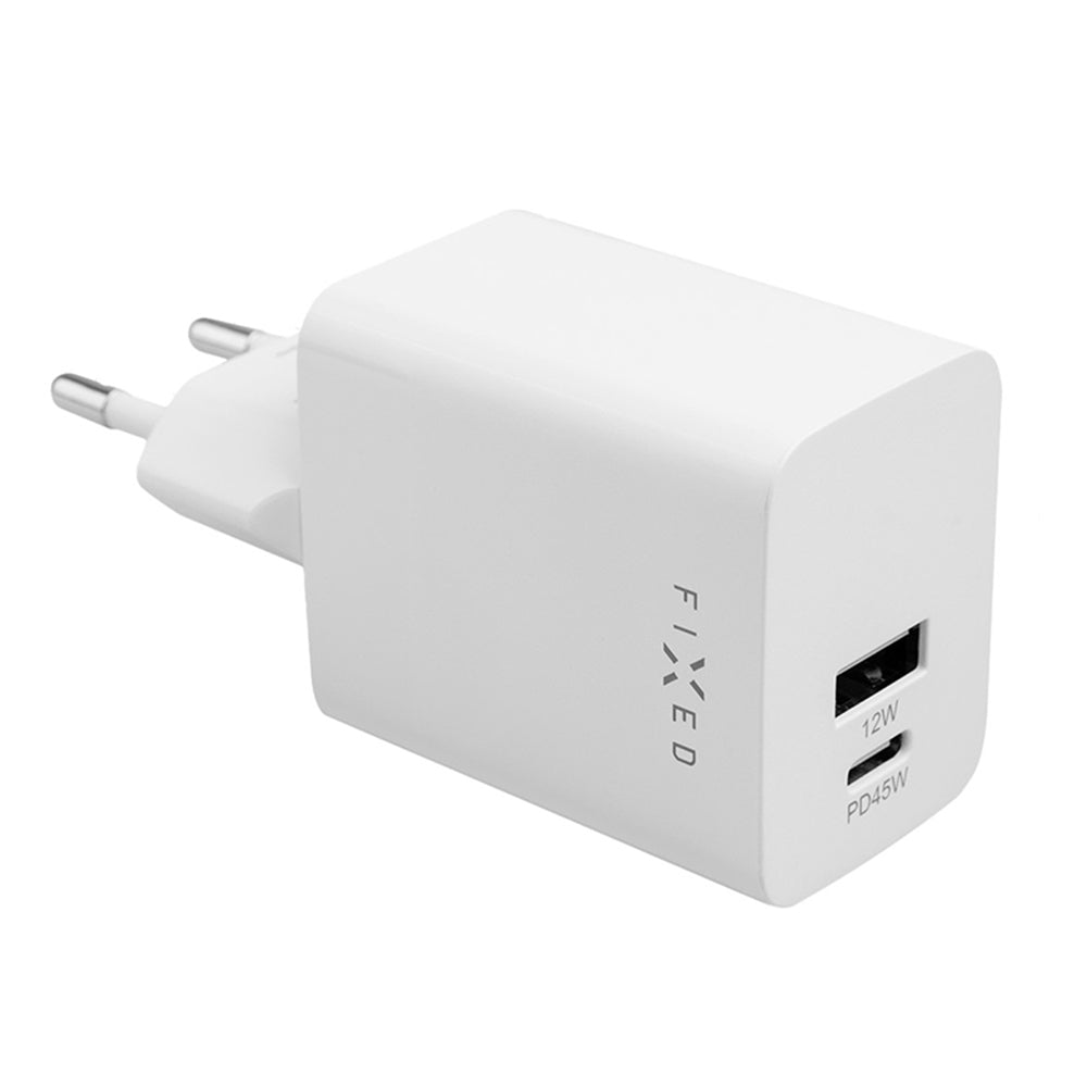Síťová nabíječka Fixed Mini, 45W, 3A, 1 x USB-A - 1 x USB-C, Bílá