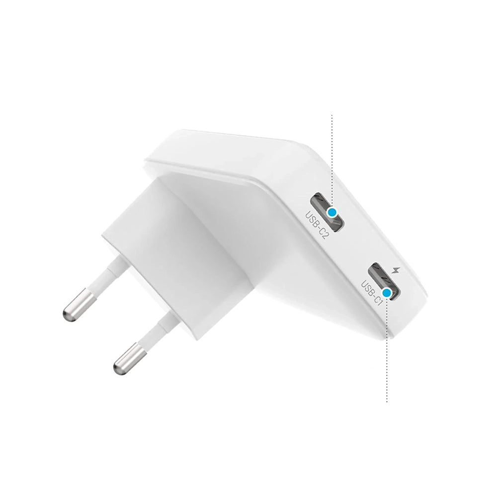 Síťová nabíječka Fixed Slim, 45W, 3A, 2 x USB-C, Bílá
