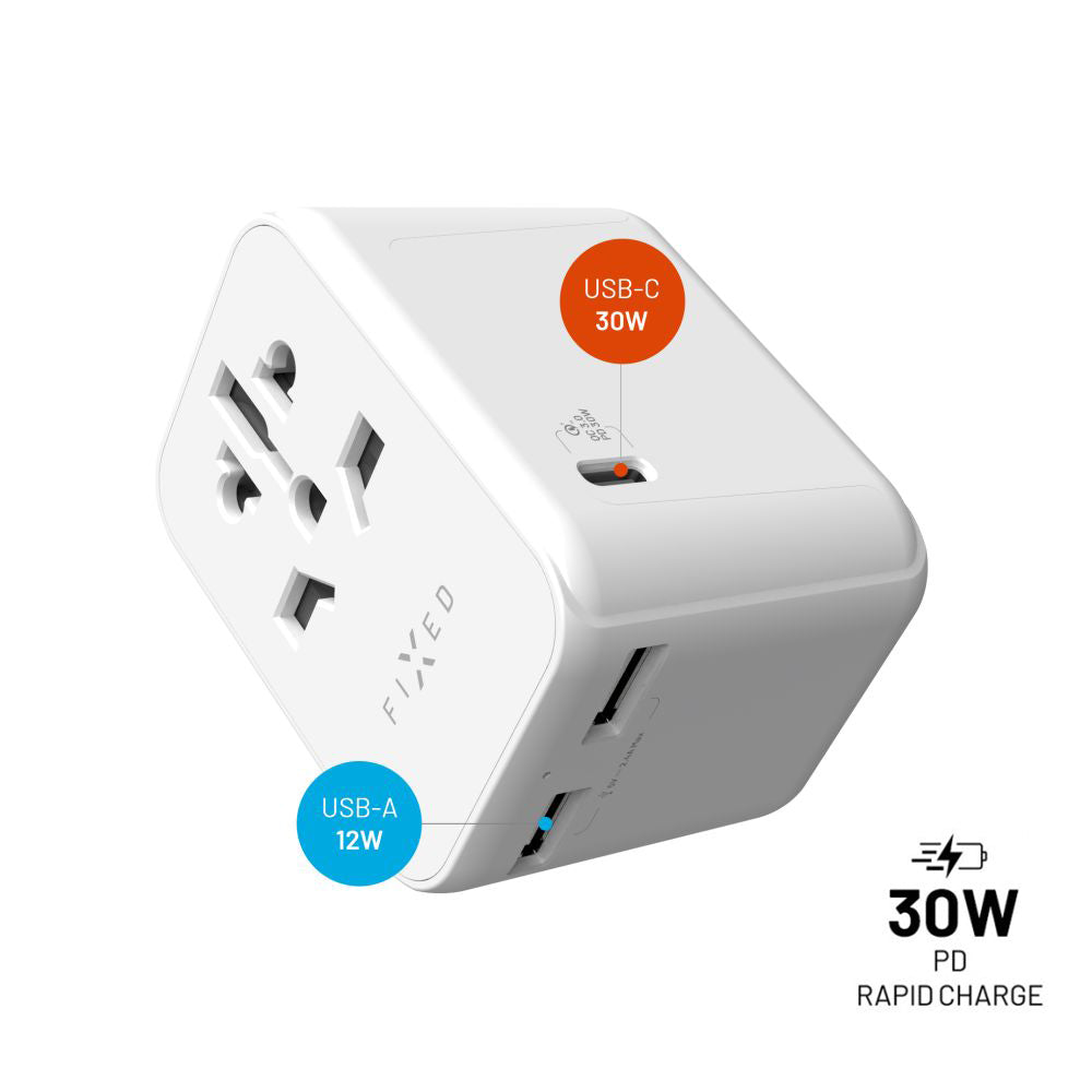 Síťová nabíječka Fixed Travel, 30W, 3A, 2 x USB-A - 1 x USB-C, Bílá