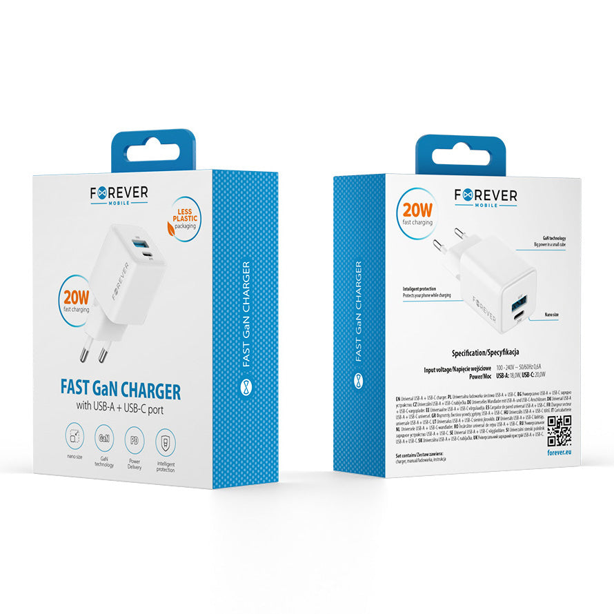 Forever TC-08-20AC Network Charger, 20W, 3A, 1 x USB-A - 1 x USB-C, White