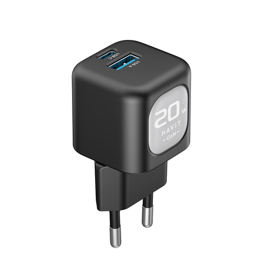 Síťová nabíječka HAVIT UC220, 20W, 3A, 1 x USB-A - 1 x USB-C, Černě šedá