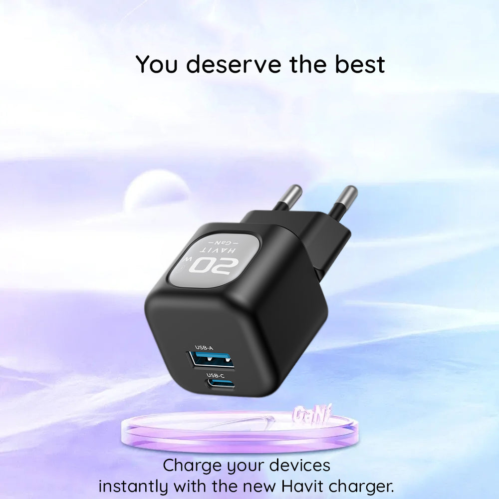 Síťová nabíječka HAVIT UC220, 20W, 3A, 1 x USB-A - 1 x USB-C, Černě šedá