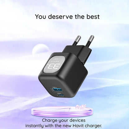 HAVIT UC230 Network Charger, 33W, 3A, 1 x USB-A - 1 x USB-C, Black Grey