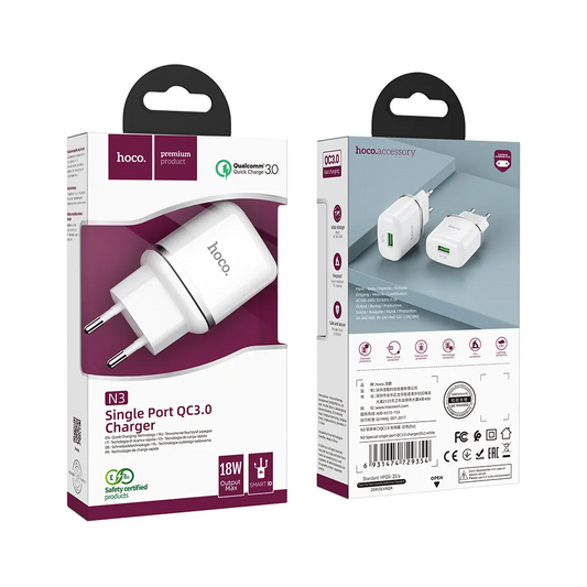 Síťová nabíječka HOCO N3, 18W, 3A, 1 x USB-A, Bílá