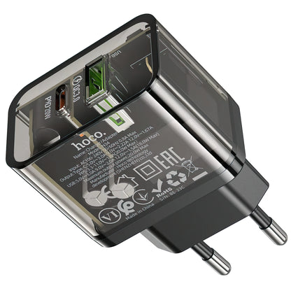 HOCO N34 Network Charger, 20W, 3A, 1 x USB-A - 1 x USB-C, Transparent