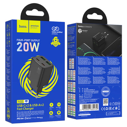 Síťová nabíječka HOCO N55, 20W, 3A, 2 x USB-A - 2 x USB-C, Černá
