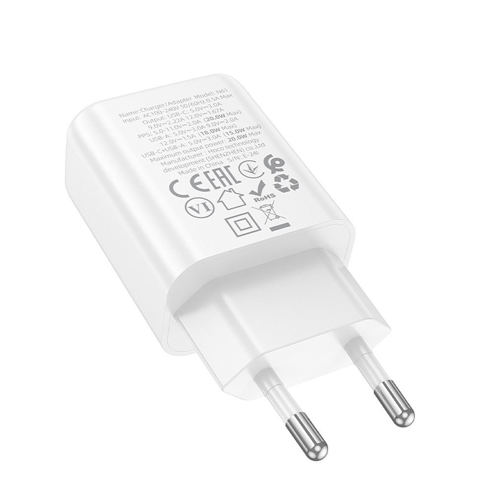 Síťová nabíječka HOCO N61, 20W, 3A, 1 x USB-A - 1 x USB-C, Bílá