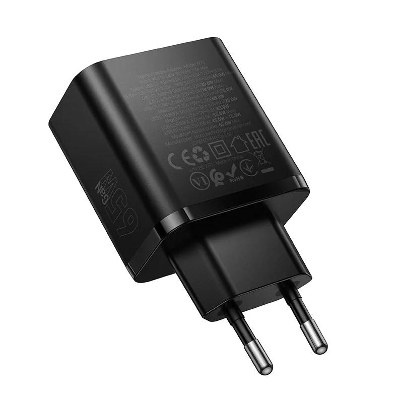 Síťová nabíječka HOCO N75, 65W, 3A, 1 x USB-A - 2 x USB-C, Černá