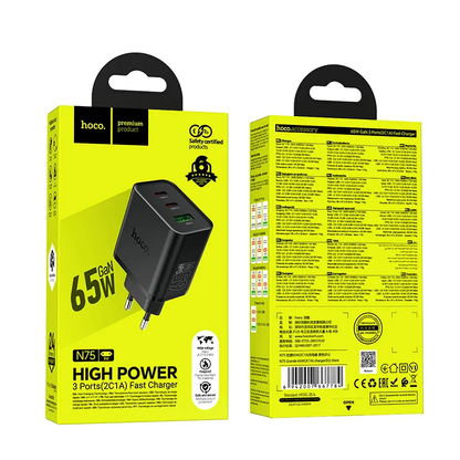 Síťová nabíječka HOCO N75, 65W, 3A, 1 x USB-A - 2 x USB-C, Černá