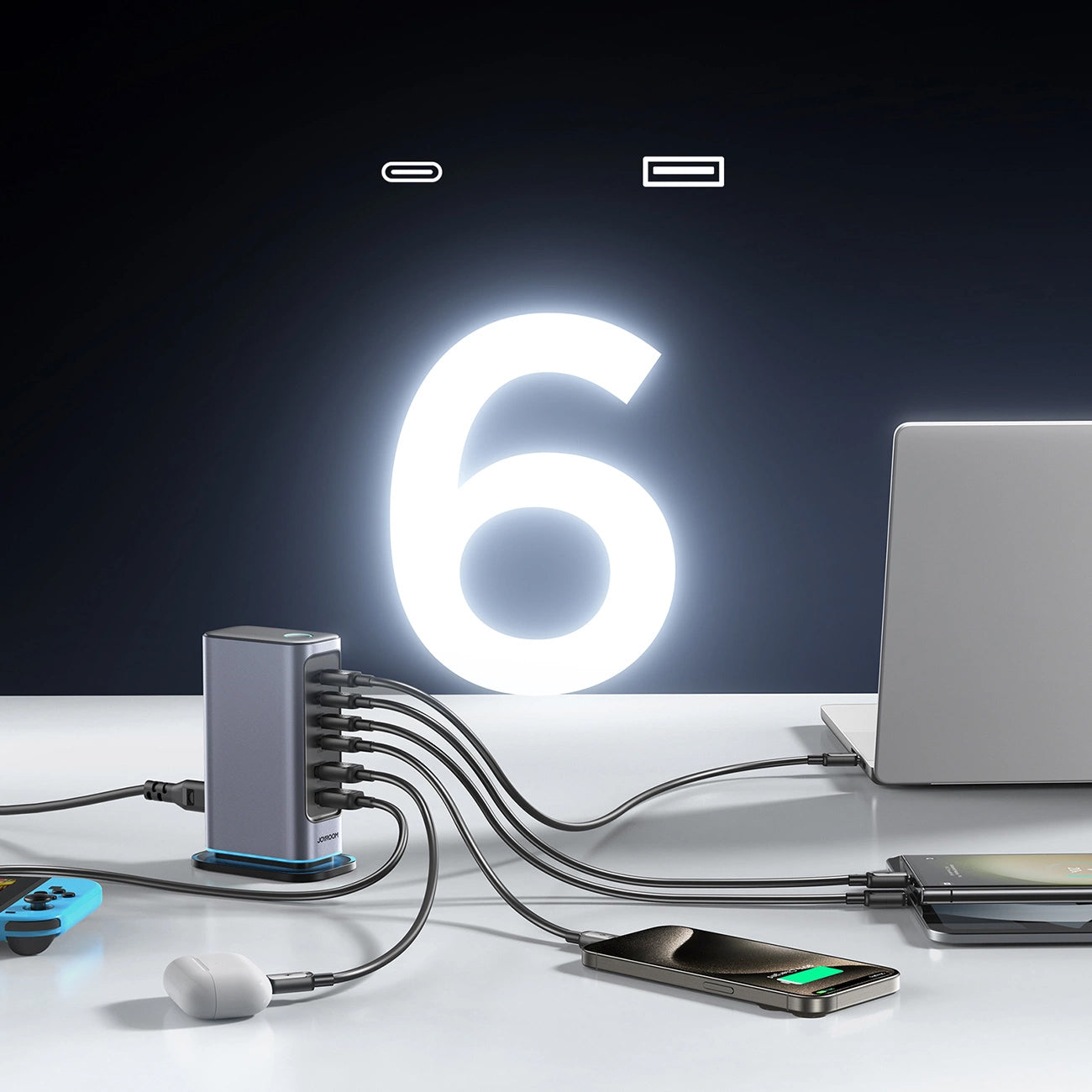 Nabíjecí stanice Joyroom JR-TCM02, 65W, 3.25A, 2 x USB-A - 4 x USB-C, Šedá