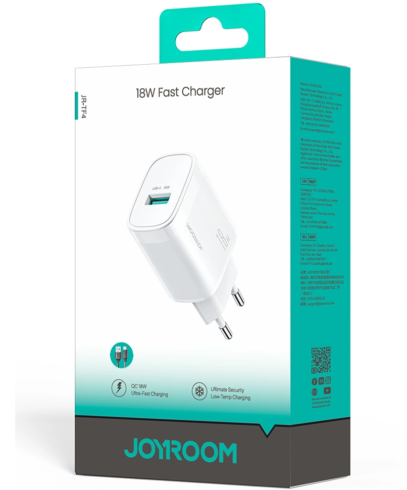 Joyroom JR-TF4 Wall Charger, 18W, 3A, 1 x USB-A, White