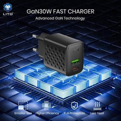 Síťová nabíječka Lito LC19, 30W, 3A, 1 x USB-A - 1 x USB-C, černá