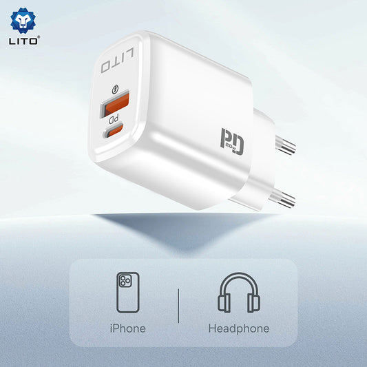 Síťová nabíječka Lito LC28, 20W, 3A, 1 x USB-A - 1 x USB-C, Bílá