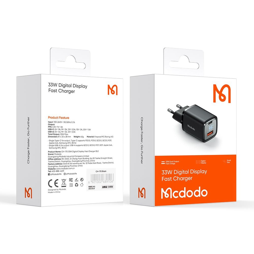 Síťová nabíječka McDodo CH-1701 Graphite Display, 33W, 3A, 1 x USB-A - 1 x USB-C, Černá