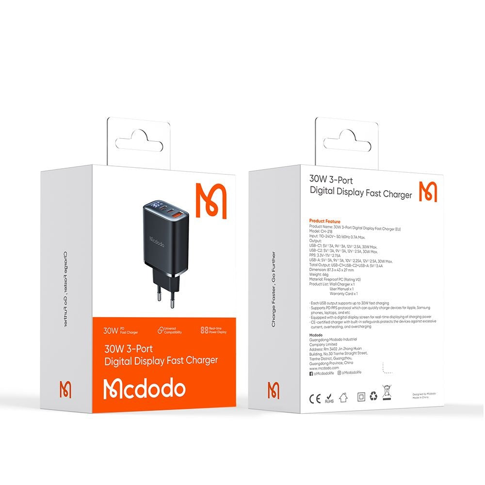 Síťová nabíječka McDodo CH-2180 Display, 30W, 3A, 1 x USB-A - 2 x USB-C, černá