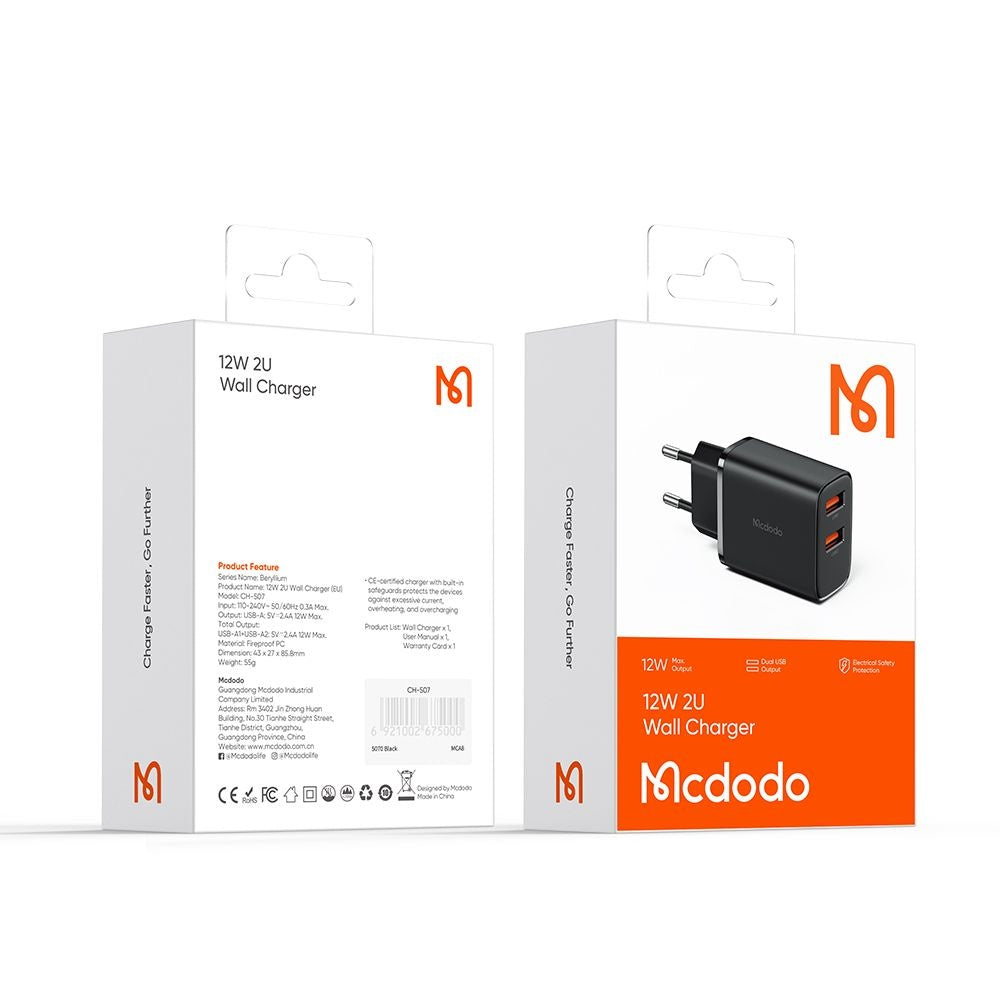 Síťová nabíječka McDodo CH-5070 Beryllium, 12W, 2.4A, 2 x USB-A, Černá