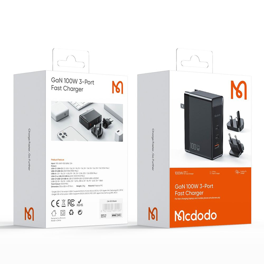 Síťová nabíječka McDodo CH-8101 Pro Nuc AR Power Travel, 100W, 5A, 1 x USB-A - 2 x USB-C, černá