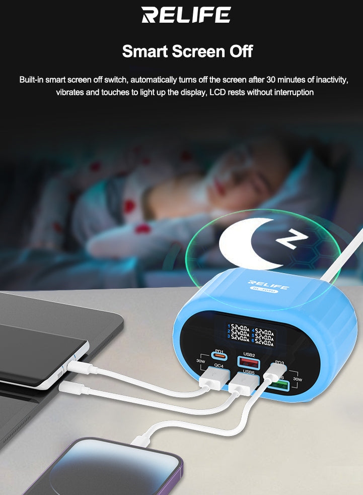 Nabíječka stanice Relife RL-309U, 72W, 5A, 2 x USB-C - 4 x USB-A, Modrá
