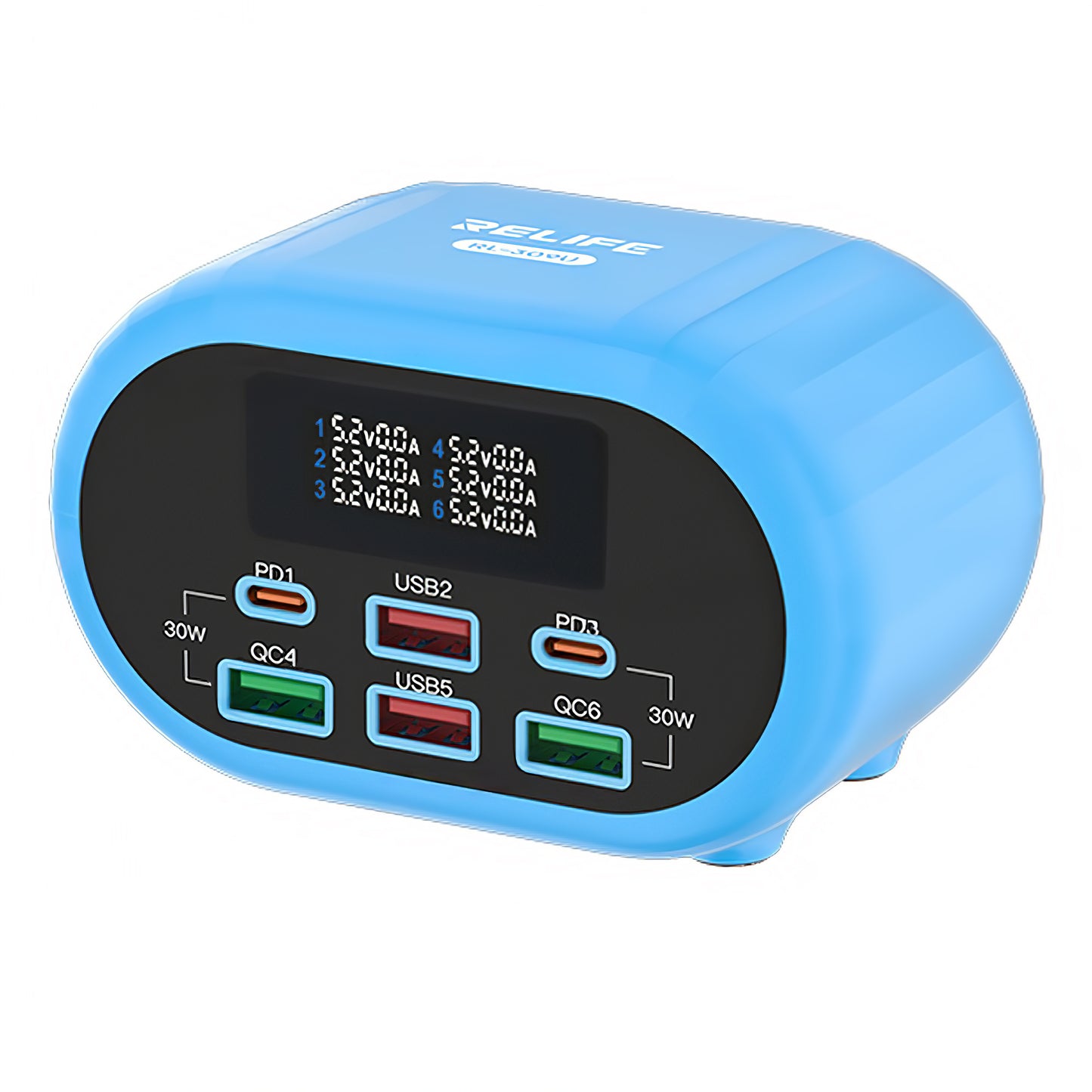 Nabíječka stanice Relife RL-309U, 72W, 5A, 2 x USB-C - 4 x USB-A, Modrá