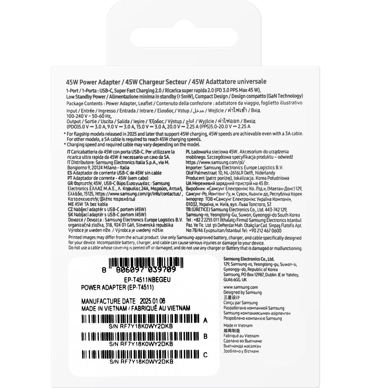 Síťová nabíječka Samsung, 45W, 4.05A, 1 x USB-C, Černá EP-T4511NBEGEU