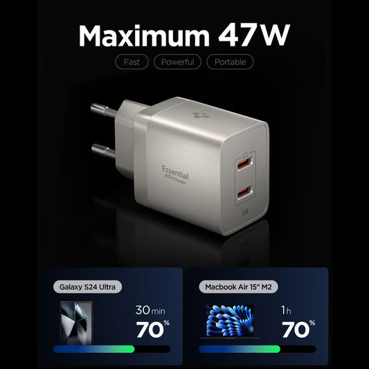 Síťová nabíječka Spigen EE472EU Essential, 47W, 3A, 2 x USB-C, Titanově šedá ACH10451