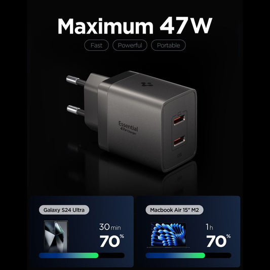 Síťová nabíječka Spigen EE472EU Essential, 47W, 3A, 2 x USB-C, šedá ACH10450