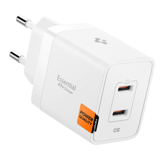 Síťová nabíječka Spigen Essential, 47W, 3A, 2 x USB-C, Bílá
