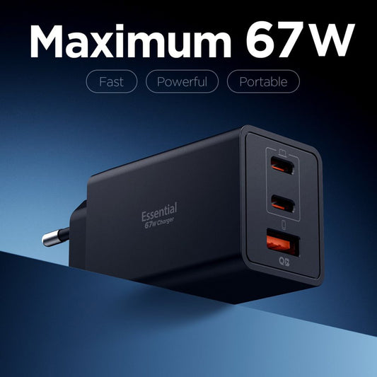 Síťová nabíječka Spigen Essential, 67W, 3.25A, 1 x USB-A - 2 x USB-C, Černá