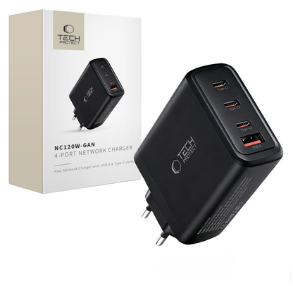 Síťová nabíječka Tech-Protect NC120W-GAN, 120W, 5A, 1 x USB-A - 3 x USB-C, Černá
