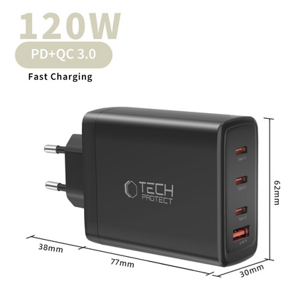 Síťová nabíječka Tech-Protect NC120W-GAN, 120W, 5A, 1 x USB-A - 3 x USB-C, Černá