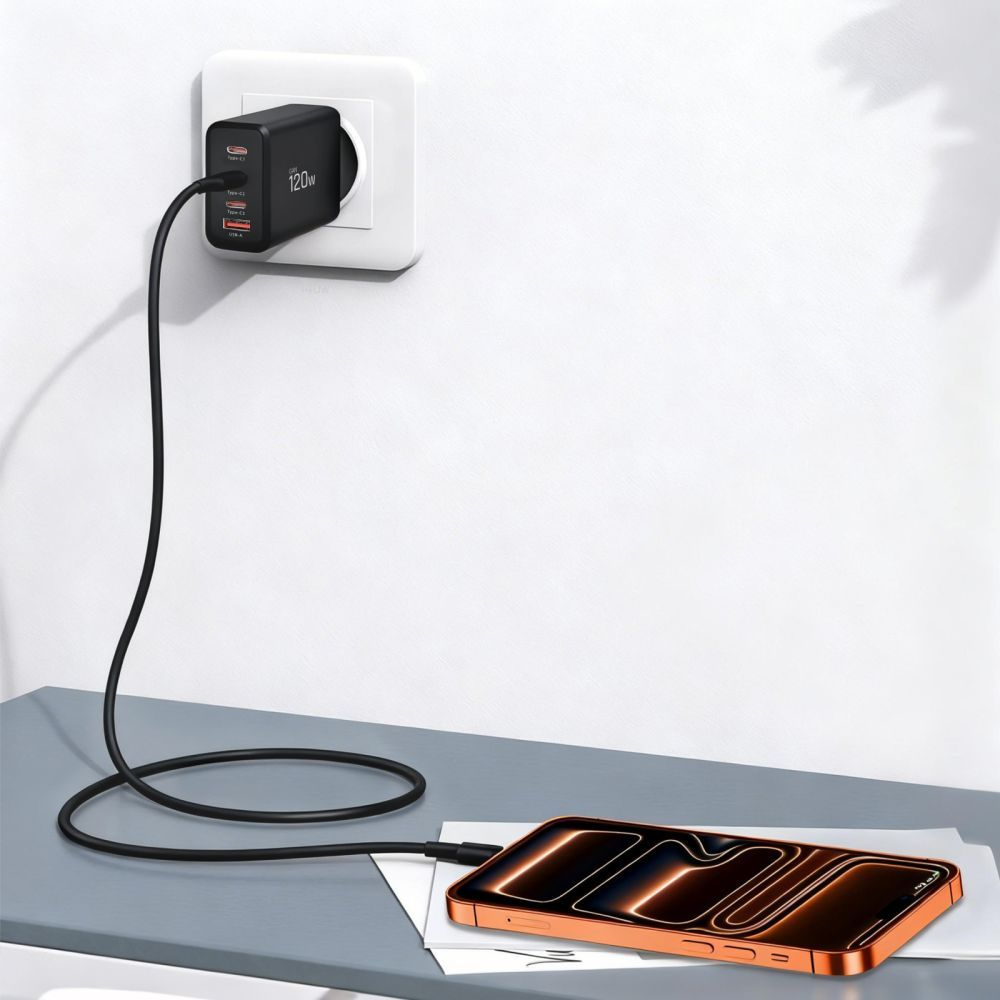 Síťová nabíječka Tech-Protect NC120W-GAN, 120W, 5A, 1 x USB-A - 3 x USB-C, Černá