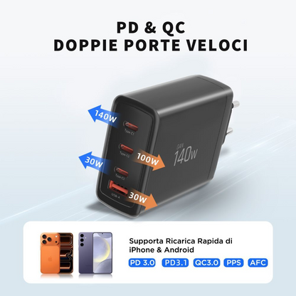 Síťová nabíječka Tech-Protect NC140W-GAN, 140W, 5A, 1 x USB-A - 3 x USB-C, černá