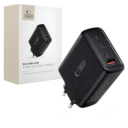 Síťová nabíječka Tech-Protect NC140W-GAN, 140W, 5A, 1 x USB-A - 3 x USB-C, černá
