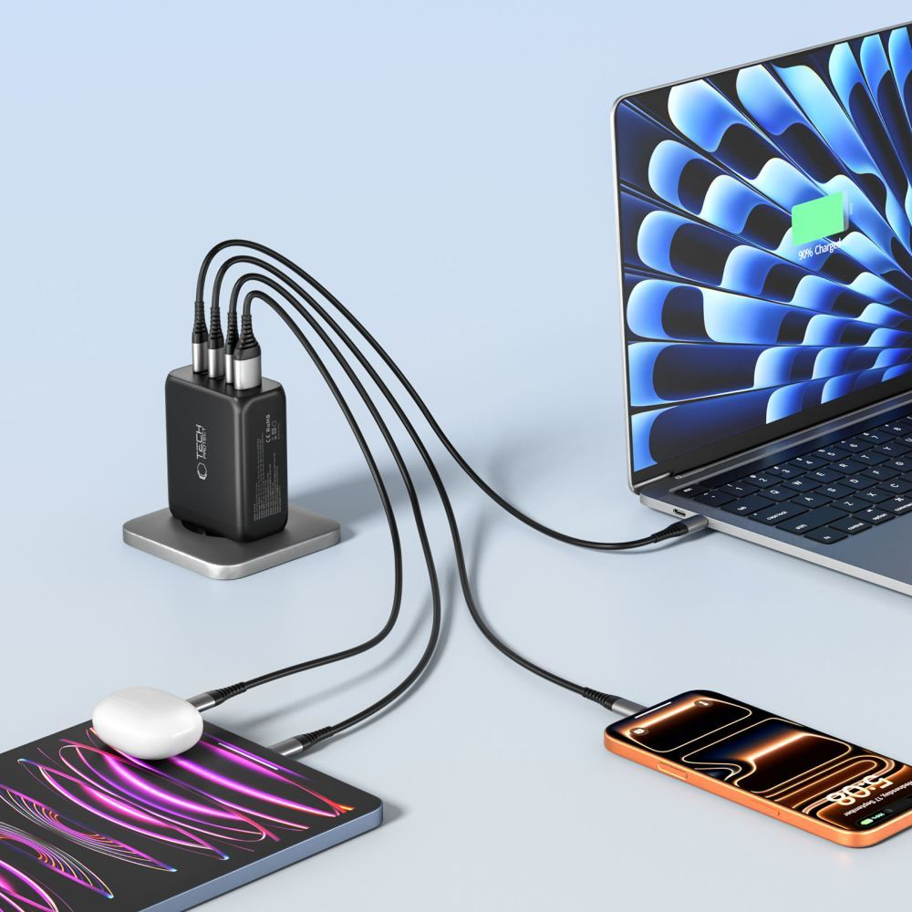 Síťová nabíječka Tech-Protect NC200W-GAN, 200W, 5A, 1 x USB-A - 3 x USB-C, Černá