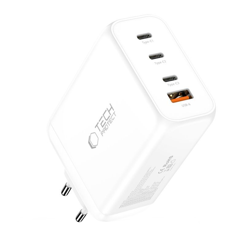 Síťová nabíječka Tech-Protect NC240W-GAN, 240W, 5A, 1 x USB-A - 3 x USB-C, Bílá