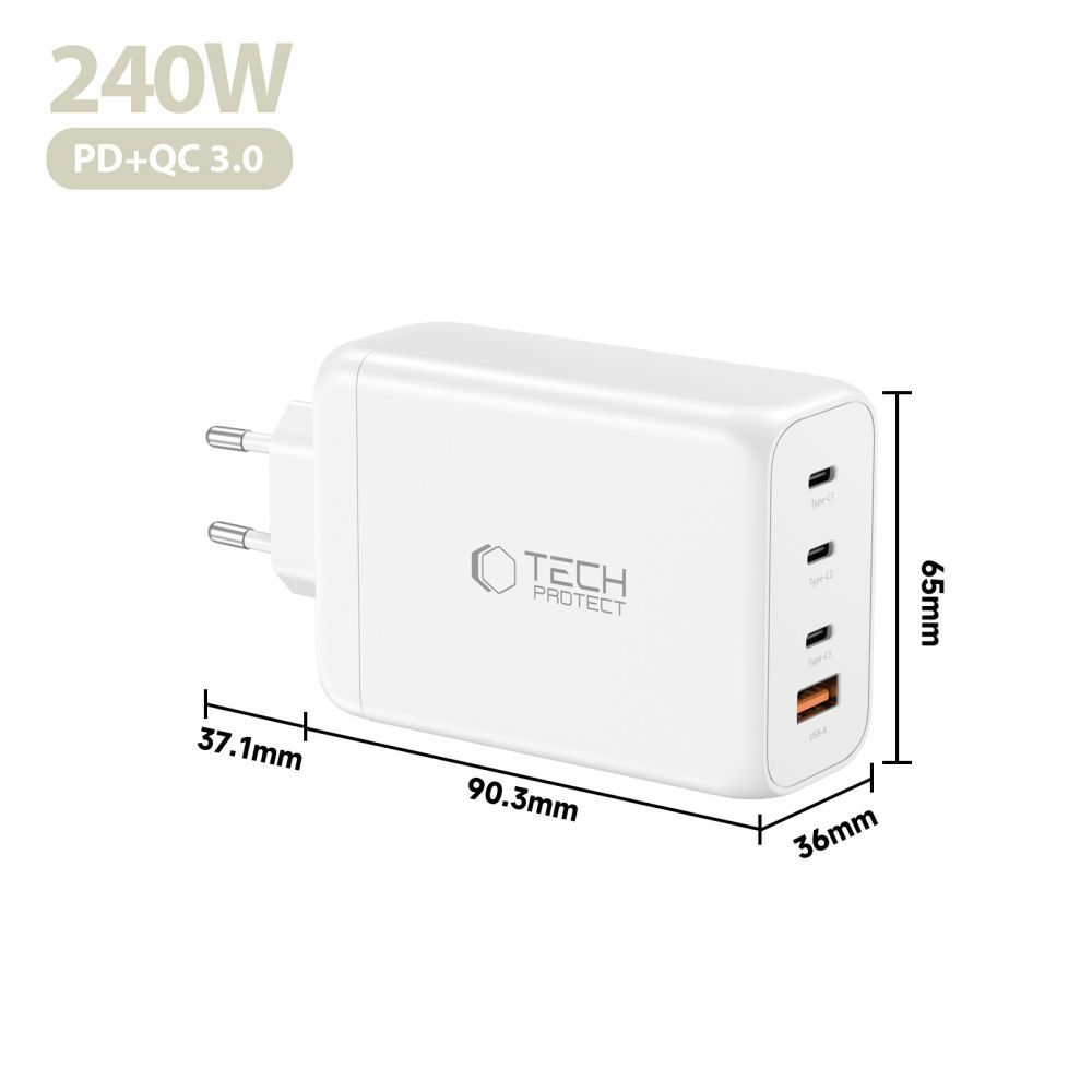 Síťová nabíječka Tech-Protect NC240W-GAN, 240W, 5A, 1 x USB-A - 3 x USB-C, Bílá