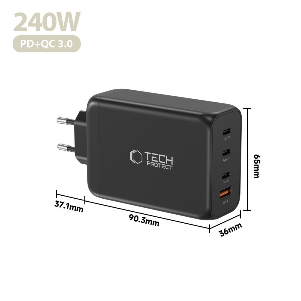 Síťová nabíječka Tech-Protect NC240W-GAN, 240W, 5A, 1 x USB-A - 3 x USB-C, Černá