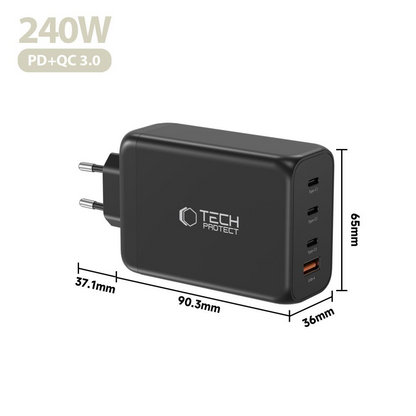Síťová nabíječka Tech-Protect NC240W-GAN, 240W, 5A, 1 x USB-A - 3 x USB-C, Černá