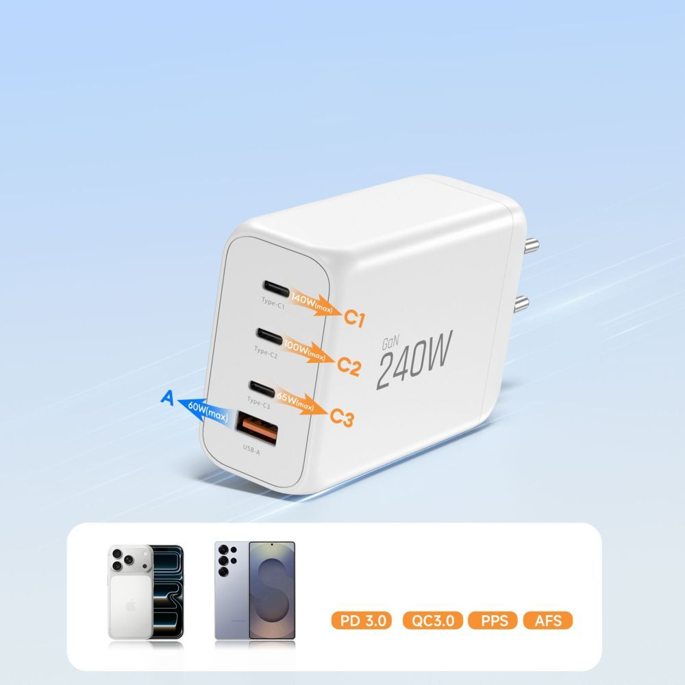 Síťová nabíječka Tech-Protect NC240W-GAN, 240W, 5A, 1 x USB-A - 3 x USB-C, Bílá