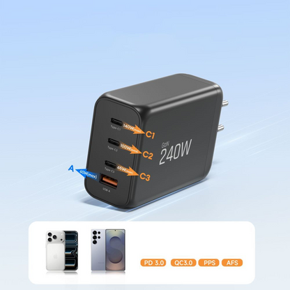 Síťová nabíječka Tech-Protect NC240W-GAN, 240W, 5A, 1 x USB-A - 3 x USB-C, Černá