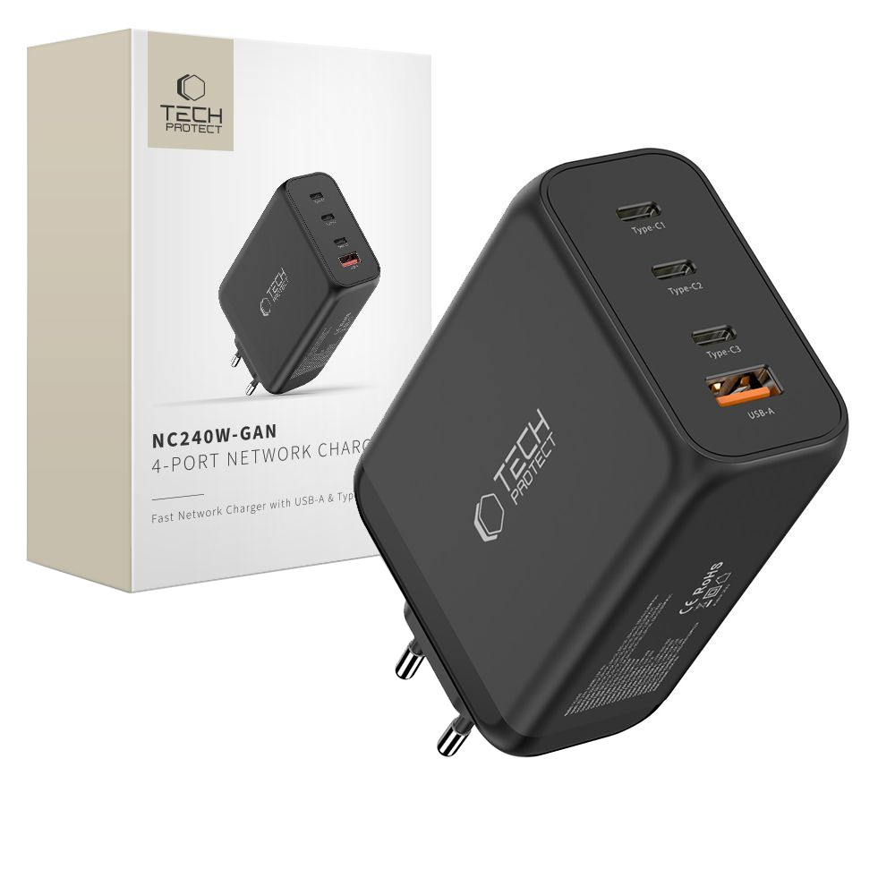 Síťová nabíječka Tech-Protect NC240W-GAN, 240W, 5A, 1 x USB-A - 3 x USB-C, Černá
