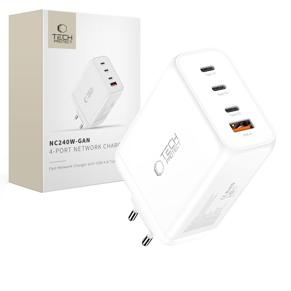 Síťová nabíječka Tech-Protect NC240W-GAN, 240W, 5A, 1 x USB-A - 3 x USB-C, Bílá