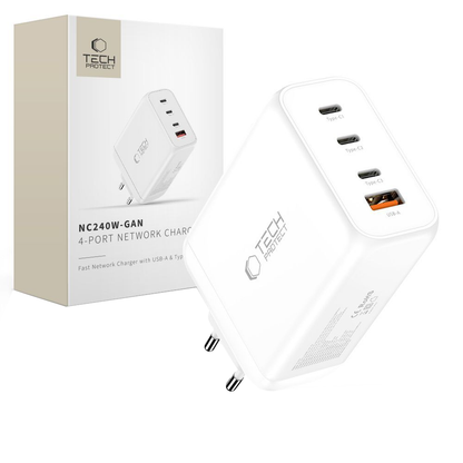 Síťová nabíječka Tech-Protect NC240W-GAN, 240W, 5A, 1 x USB-A - 3 x USB-C, Bílá