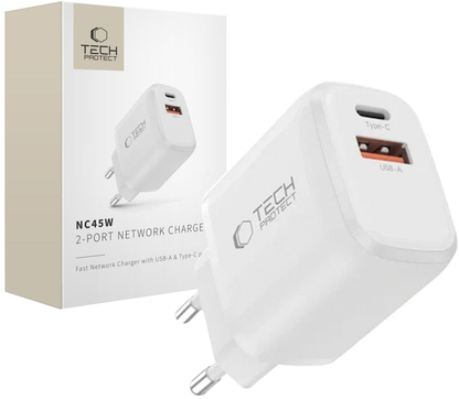 Síťová nabíječka Tech-Protect NCA45W, 45W, 3A, 1 x USB-A - 1 x USB-C, Bílá