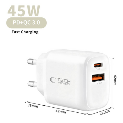 Síťová nabíječka Tech-Protect NCA45W, 45W, 3A, 1 x USB-A - 1 x USB-C, Bílá