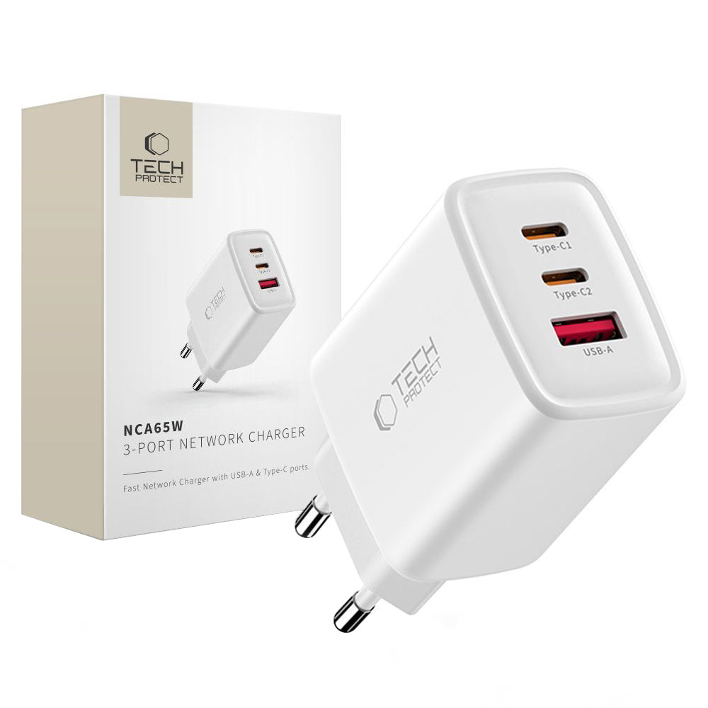 Síťová nabíječka Tech-Protect NCA65W, 65W, 3A, 1 x USB-A - 2 x USB-C, Bílá