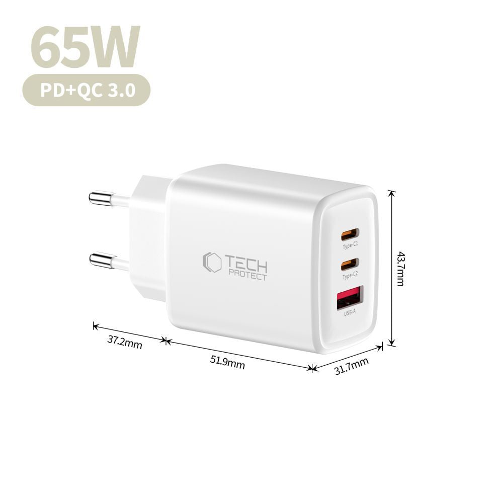Síťová nabíječka Tech-Protect NCA65W, 65W, 3A, 1 x USB-A - 2 x USB-C, Bílá
