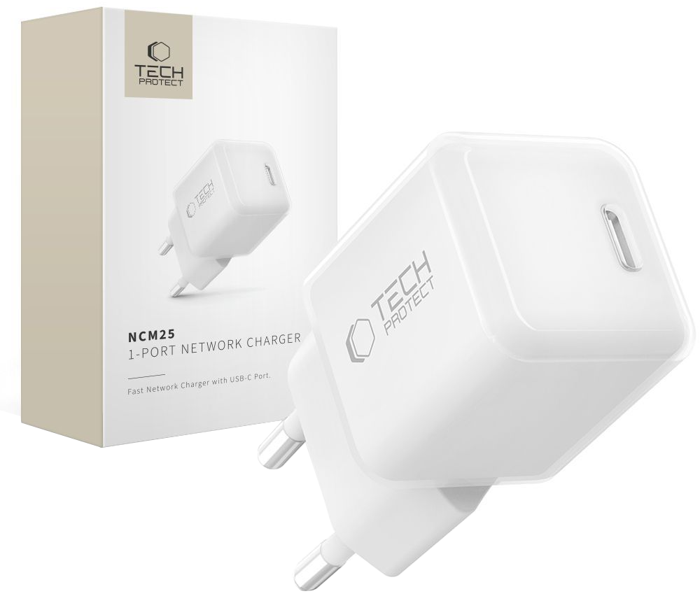 Síťová nabíječka Tech-Protect NCM25, 25W, 3A, 1 x USB-C, bílá