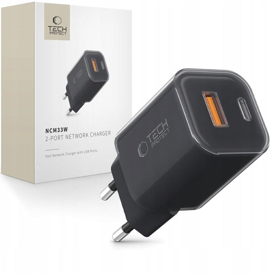 Síťová nabíječka Tech-Protect NCM33W, 33W, 3A, 1 x USB-A - 1 x USB-C, Černá