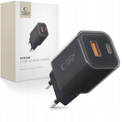 Síťová nabíječka Tech-Protect NCM33W, 33W, 3A, 1 x USB-A - 1 x USB-C, Černá